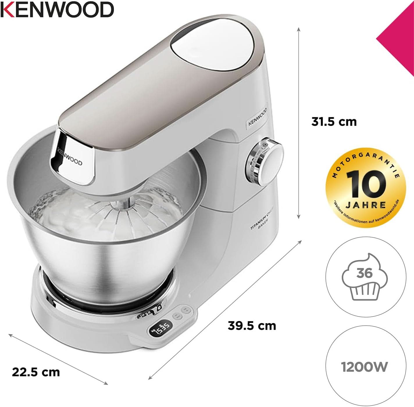 Kenwood Titanium Chef Baker KVC65.001WH, Küchenmaschine Mit Integrierter Waage, 1200 Watt, Inkl. Sada 3 cukrářských výrobků Teiligem, špachtle a sprej, Weiß Matka a dítě Naty Shop