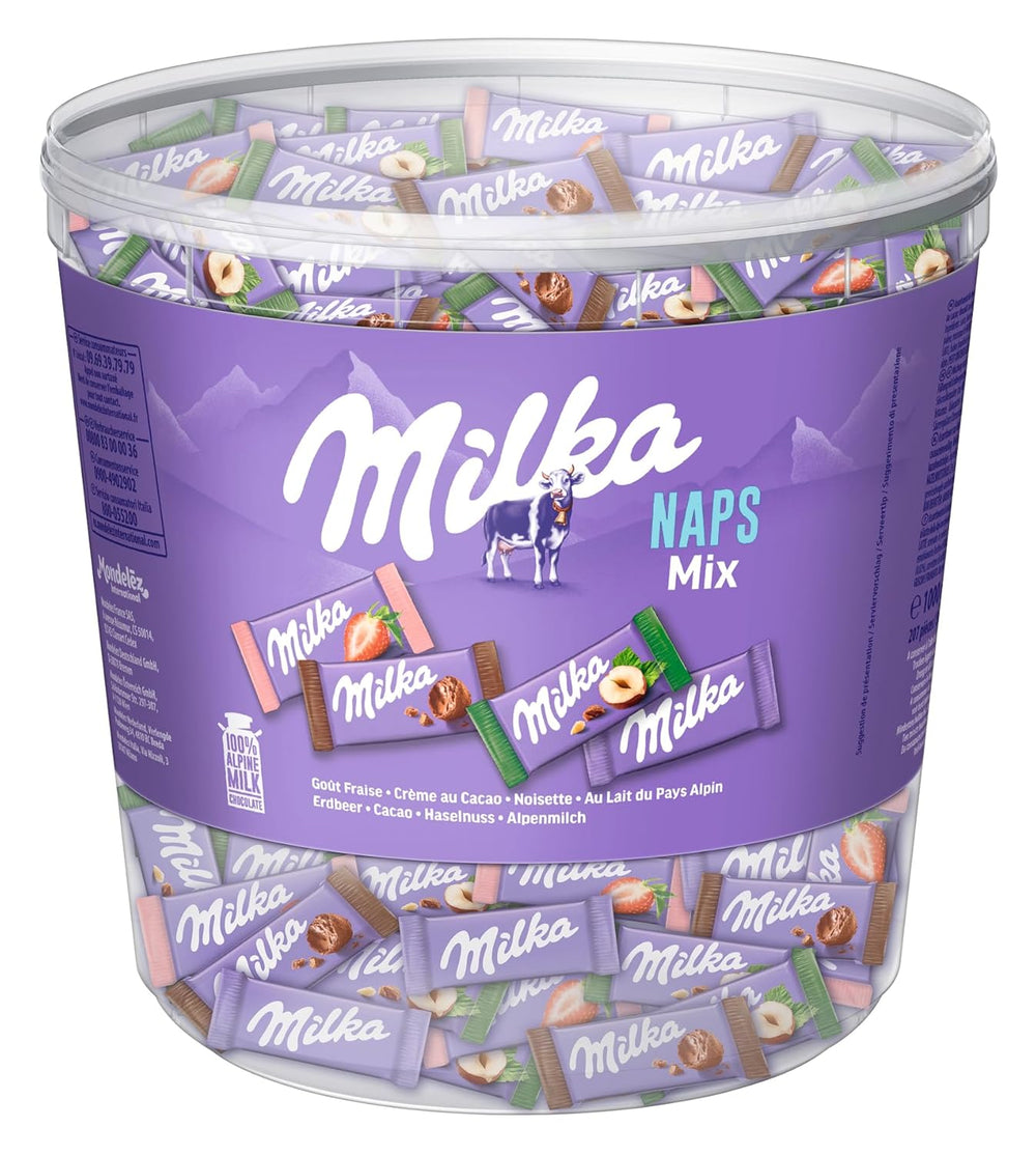 Milka Naps Mix – Mini čokoládové čtverečky ve 4 sortimentech: Alpské mléko, Jahody, Lískové oříšky, Kakaový krém – 1 x 1 kg