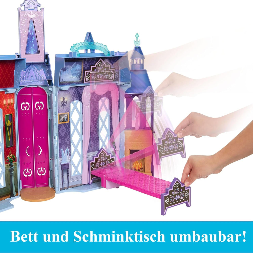 Mattel Disney Frozen - Casă de păpuși Castelul Arendelle (60 cm+) cu păpușa Elsa, 4 locuri de joacă și 15 piese de mobilier și accesorii din filmul Disney Frozen II, HLW61