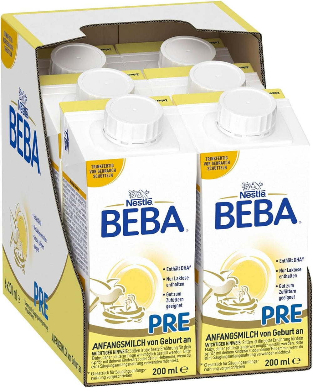 BEBA PRE Počáteční mléko od narození, kojenecká výživa s DHA, pouze laktóza, bez palmového oleje, balení 3 (3 x 800 g) Naty Shop PRE, sada 6 x 200 ml 6 x 200 ml