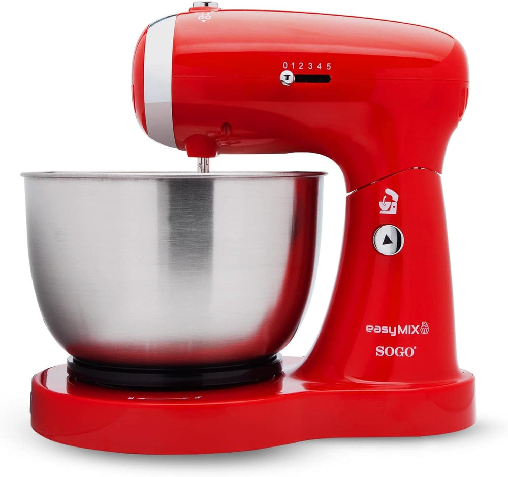 SS-14506 Küchenmaschine, Mixer Und Mixer 3-In-1 Mit Drehschüssel, Stäbchen Und Haken Zum Kneten Aus Edelstahl, 5 Geschwindigkeiten, 3,2 l (Rot) Mother and Child Naty Shop