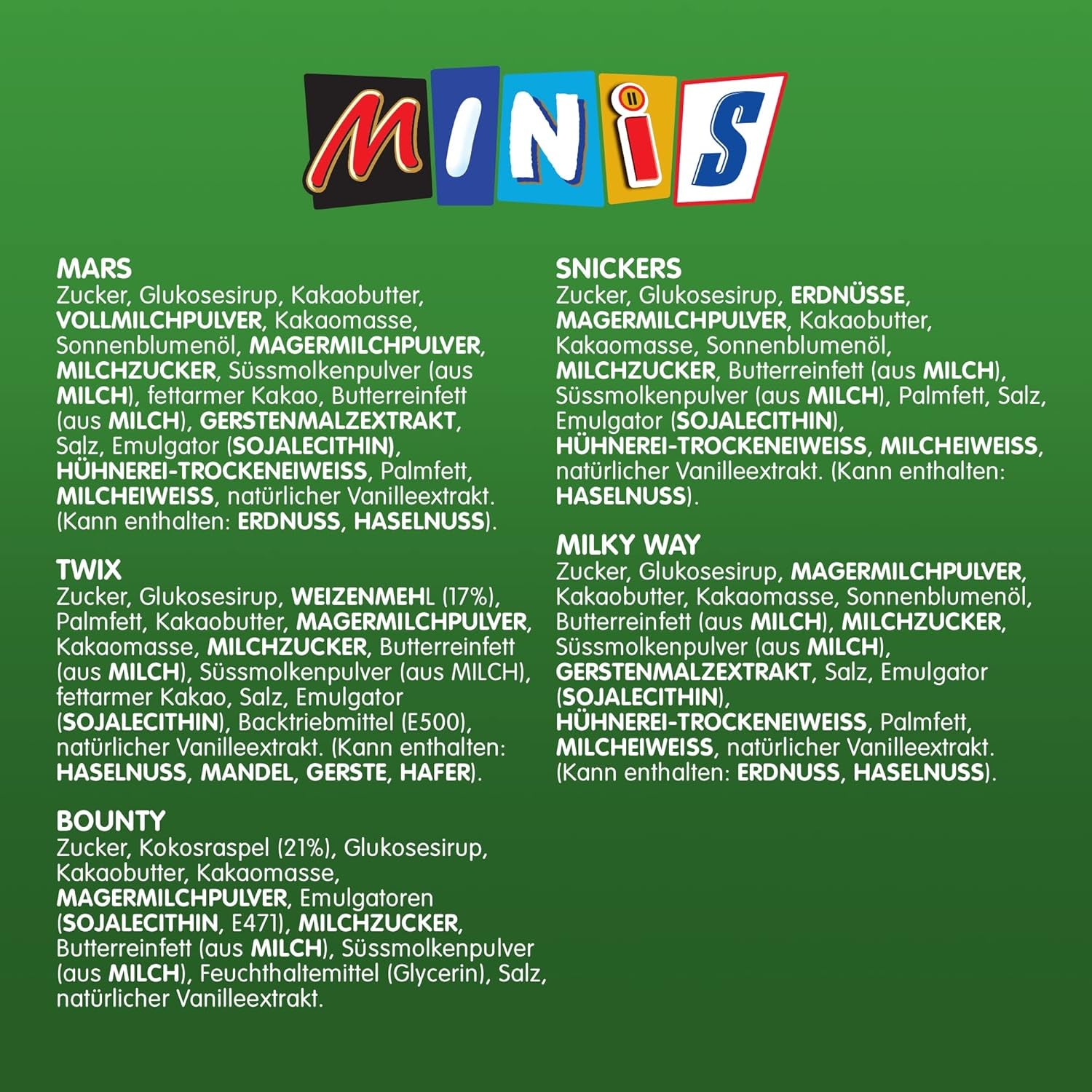 Mixed Minis, Snickers, Bounty, Twix, Milky Way, Čokoláda hromadné balení, Jedno balení (1 x 400 g) (balení 5 ks)