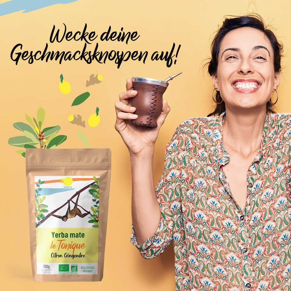 ORIGEENS BIO YERBA MATE CU LĂMÂIE ȘI GHIMBIR 200 G - Ceaiul energizant I Ceai Yerba Mate bio neprăjit, frunze, fără tulpini și praf