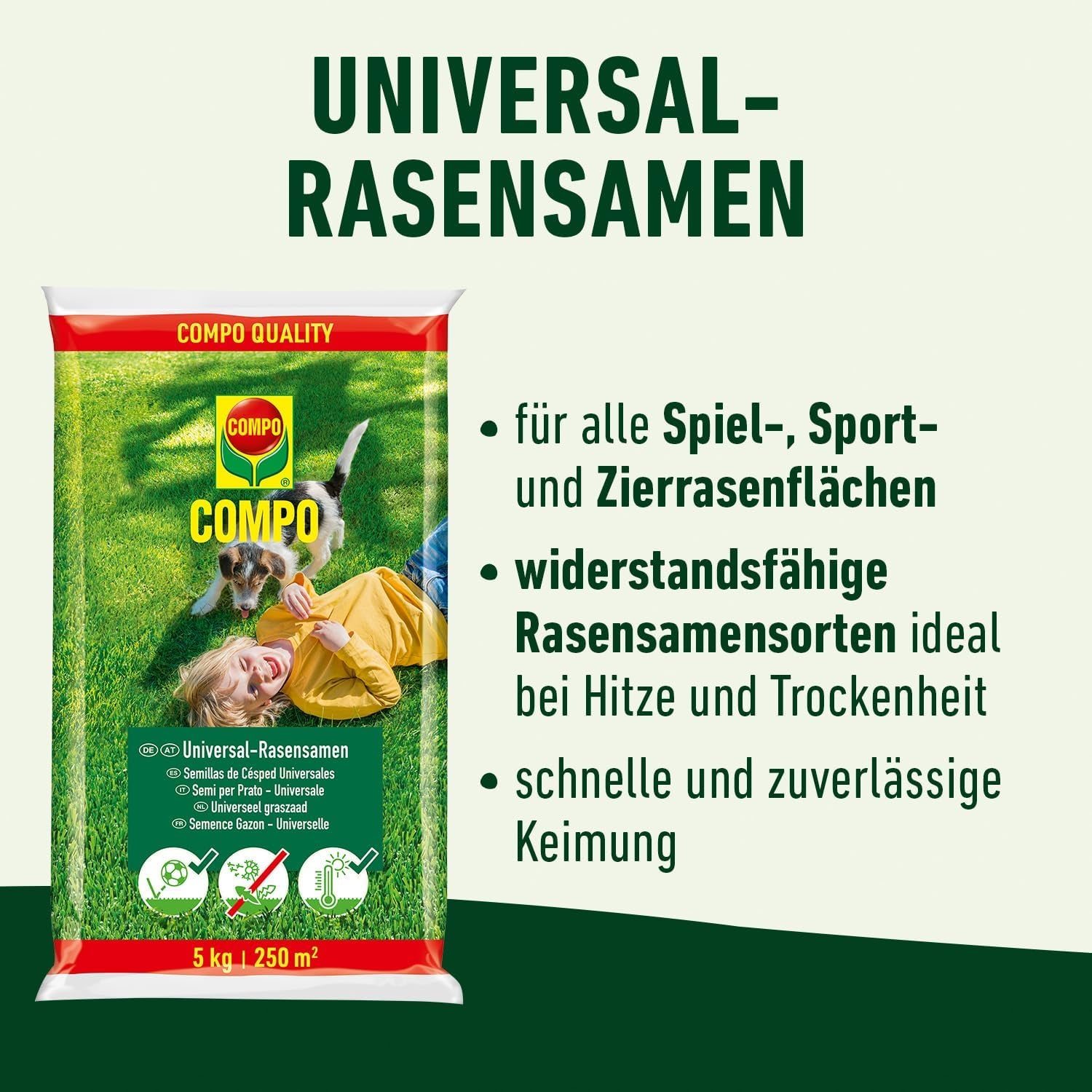 COMPO Schnell Keimende Universal Rasensamen 5Kg Für 250 M², Für Spiel- Und Sportrasen, Ideal Bei Hitze Und Trockenheit, Grün