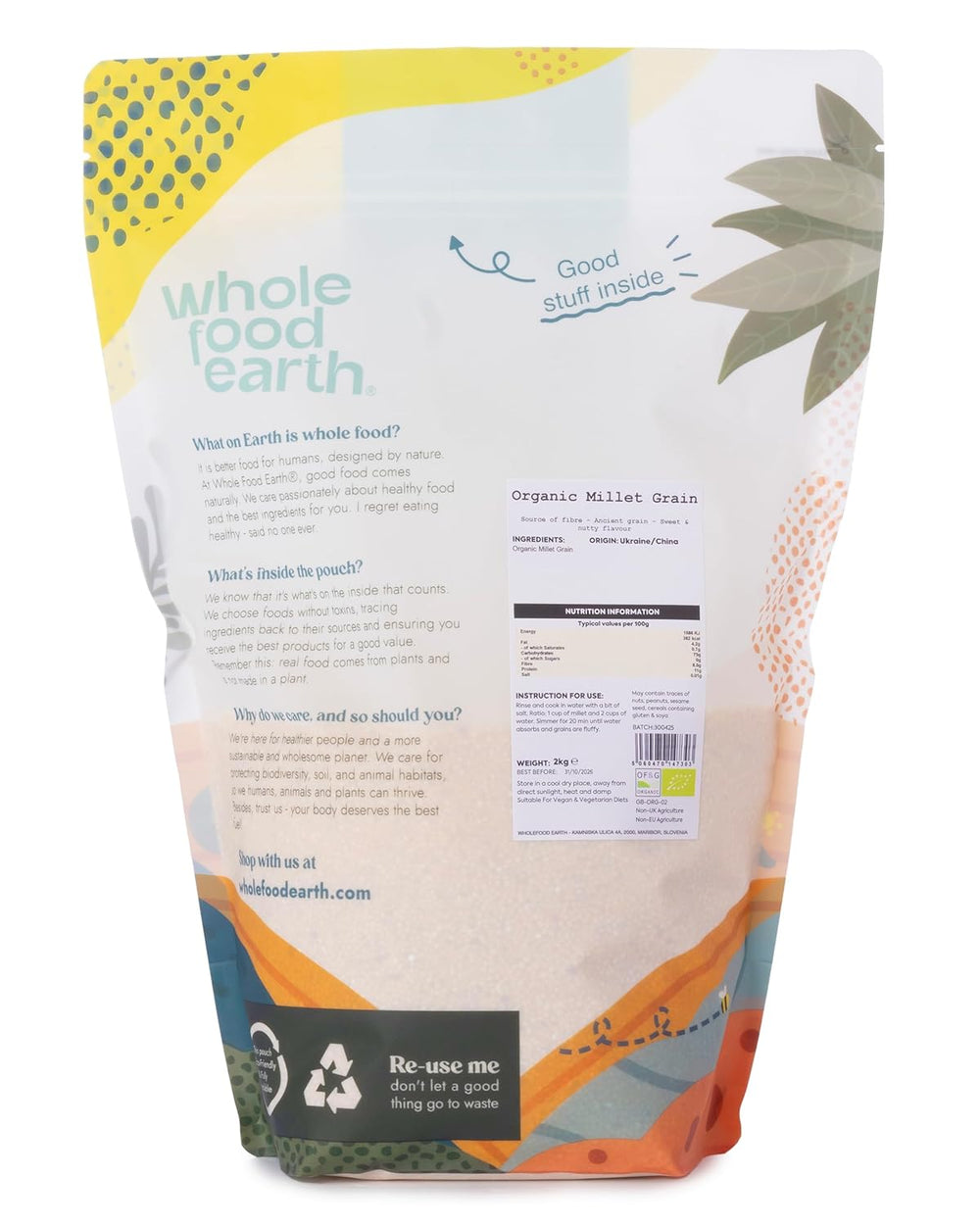Jáhly bio Wholefood Earth 2 kg | Bez GMO | Vegan | Bohaté na vlákninu | Certifikované organické