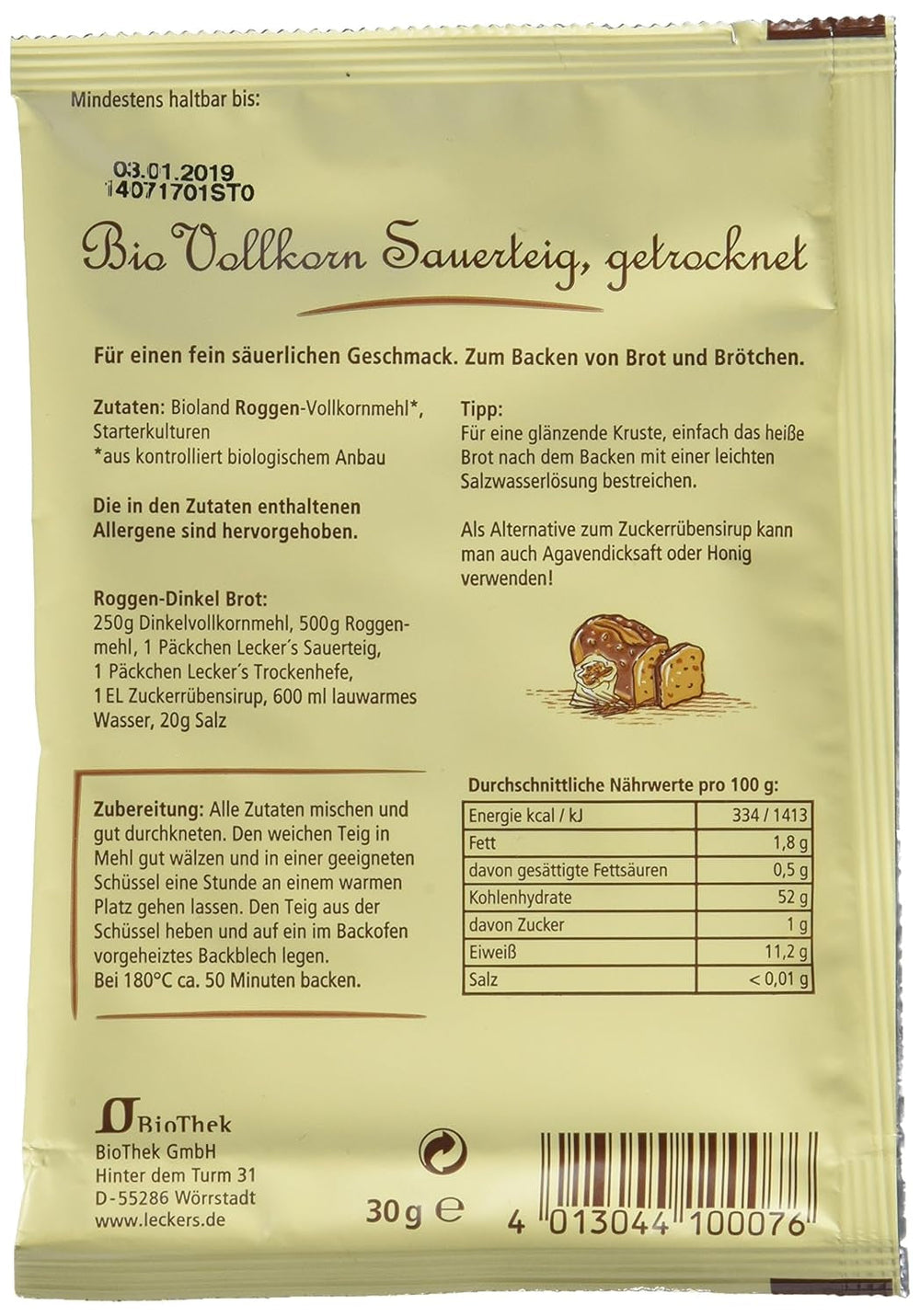 Lecker'S Bio Vollkorn Sauerteig (10 X 30 G) Směs na pečení a vaření Naty Shop