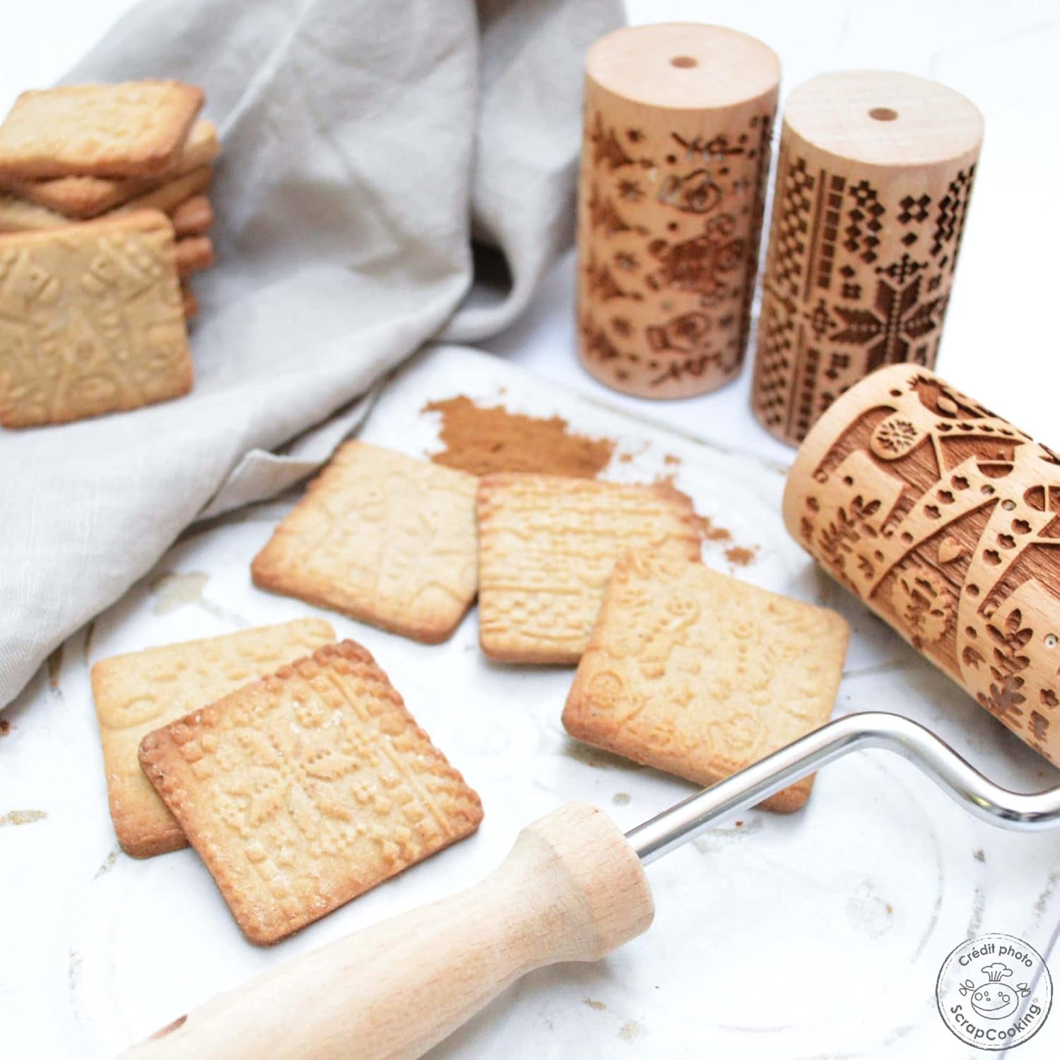 ScrapCooking 3798 Sada vánočního cukroví – 3 Mini-Gebäckrollen aus Holz mit Motiven – Dekos mit Prägung – Form für Kekse, Sandgestrahlt, Kekse