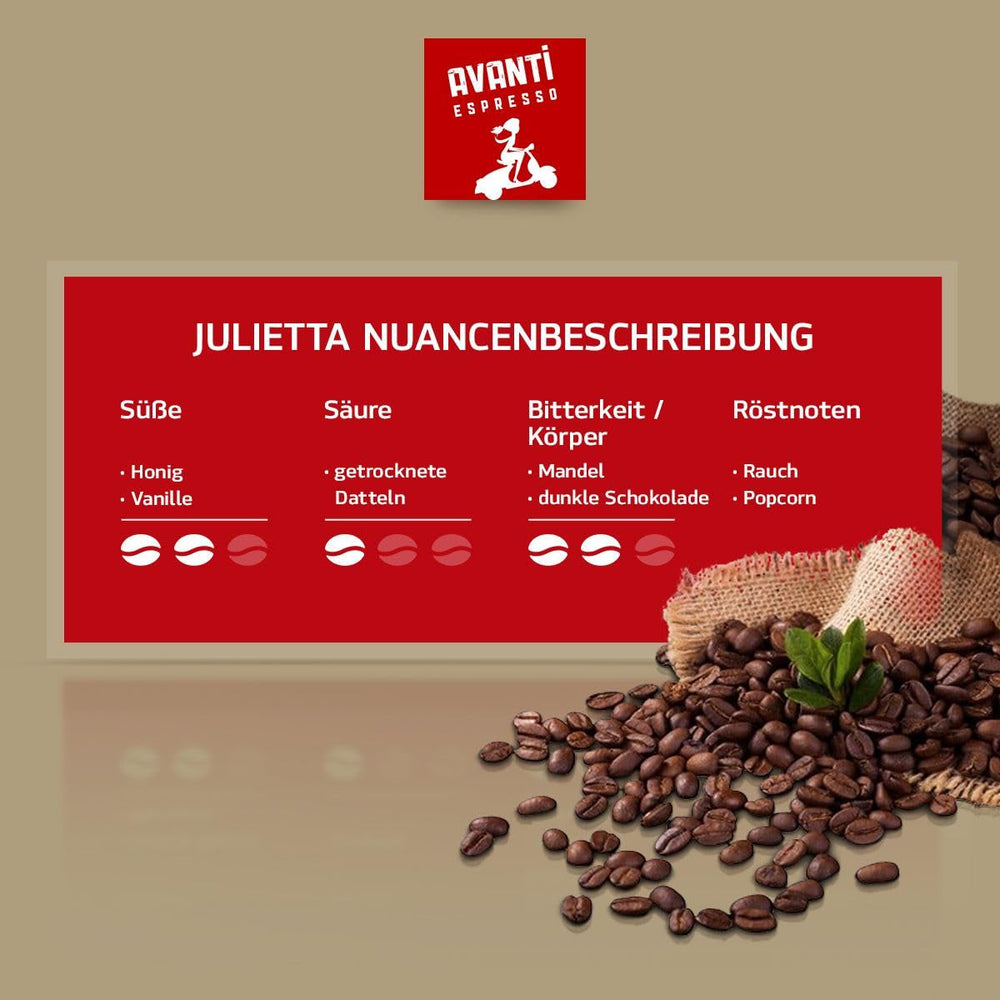 Boabe de cafea AVANTI Julietta Espresso, 500g, 70% Arabica 30% Robusta, prăjire tradițională în tambur