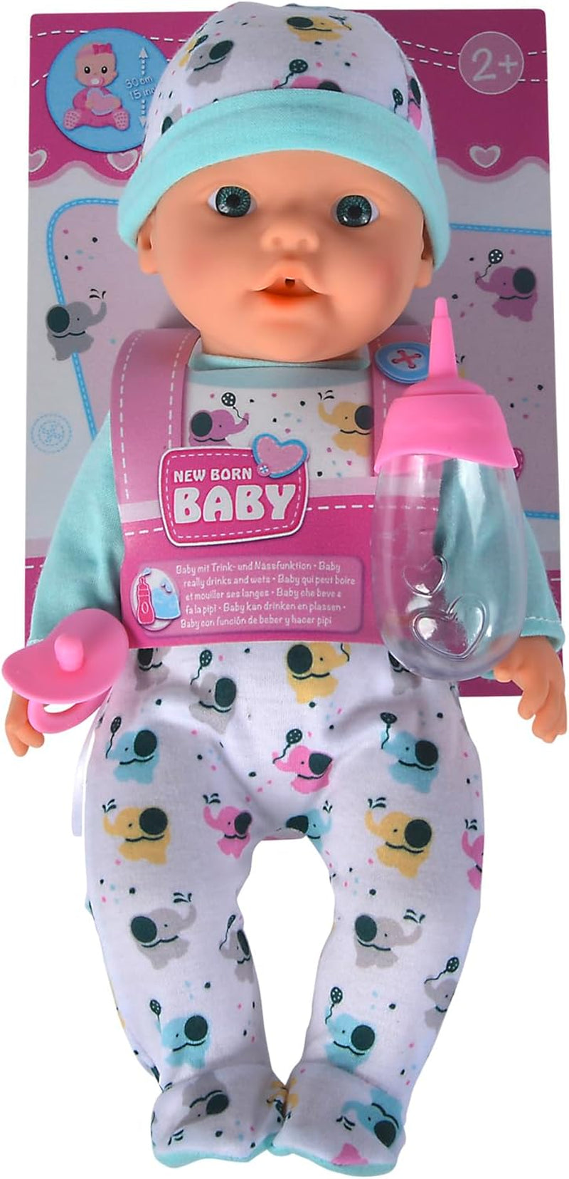 Păpușă nou-născută, elefantuleț, din vinil, cu funcție de băut și udare, biberon și suzetă, 30 cm, de la 2 ani