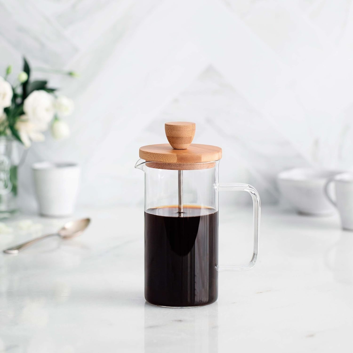 - Cafetieră franceză, presă de cafea, aparat de cafea cu piston, ibric francez pentru cafea filtrată, 3 cești, 0,35 l, oțel și lemn