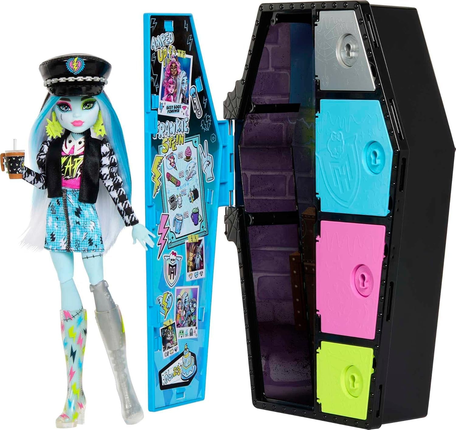 Monster High HKY62 - Puppe und Modeset, Frankie Stein mit Spind a über 19 Zubehörteilen, Skulltimate Secrets, Puppen Spielzeug für Kinder ab 4 Jahren