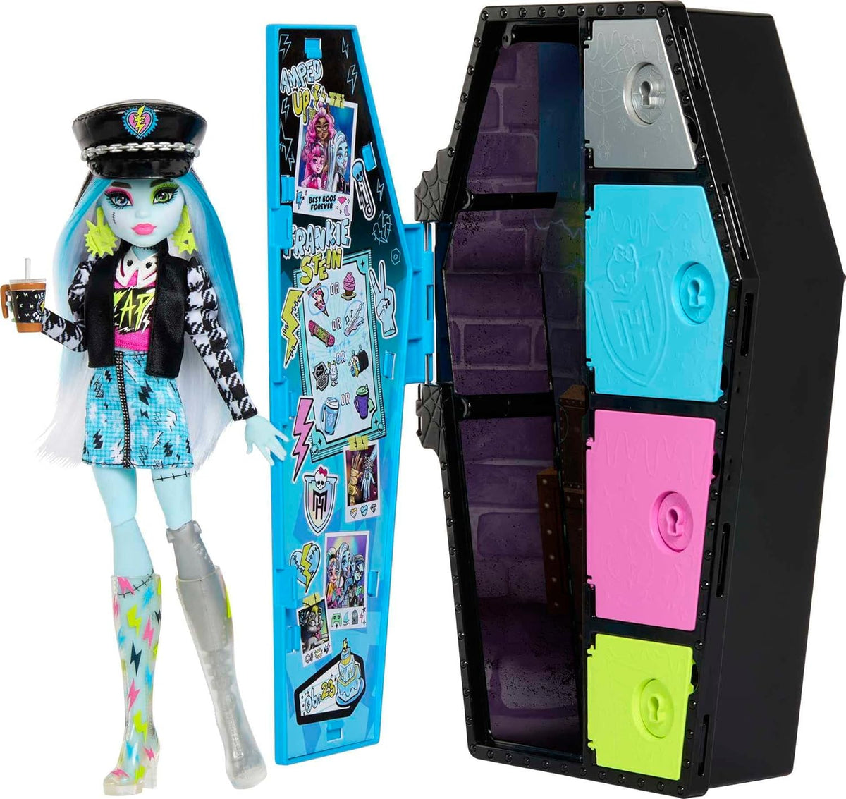 Monster High HKY62 - Puppe und Modeset, Frankie Stein mit Spind a über 19 Zubehörteilen, Skulltimate Secrets, Puppen Spielzeug für Kinder ab 4 Jahren