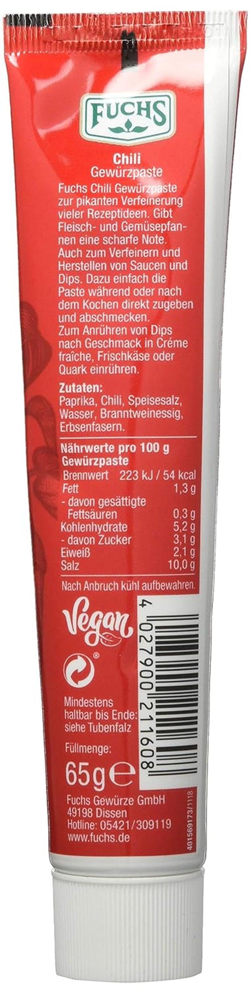 Fuchs Gewürze – chilli Gewürzpaste, vollmundig piquantes Aroma, Paste zum Würzen von scharfen Soßen, Fleisch-Gerichten oder Suppen jeglicher Länder-Küchen, 65 g