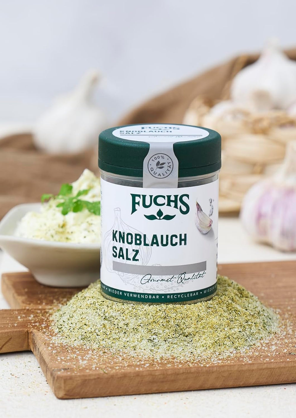 Fuchs Gewürze - Knoblauchsalz - Gewürzsalz für Dips, Saucen und Gemüse - přírodní složky - 90 g v wiederverwendbarer, recyclebarer Dávka