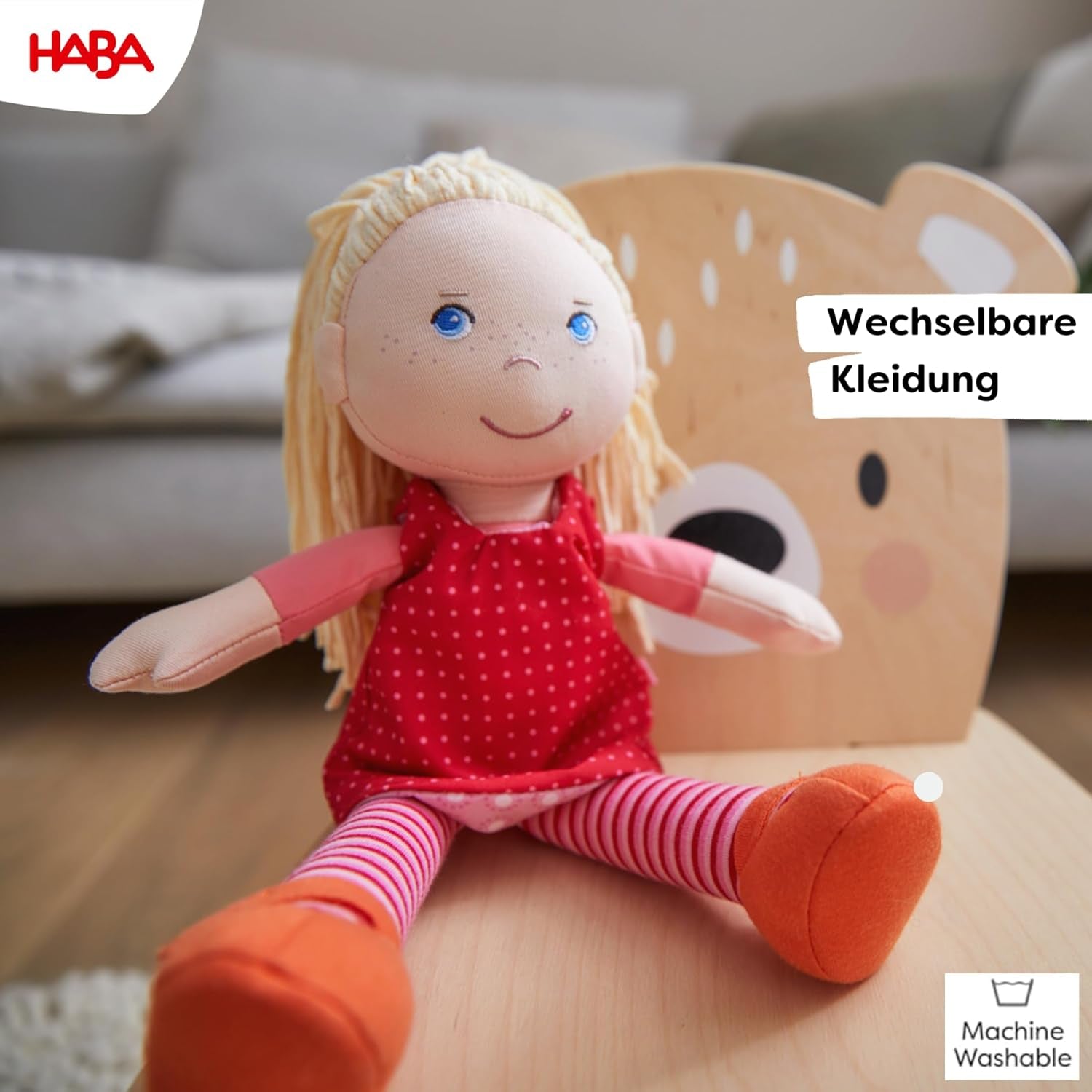Păpușa moale HABA Annelie – Păpușă moale cu păr aranjat – Cu haine interschimbabile – De la 18 luni – 30 cm – Lavabilă – 1302108001