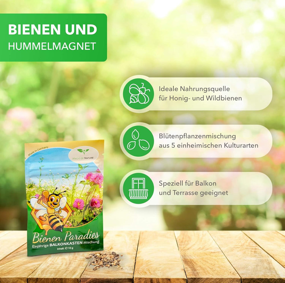 Magic of Nature Balcony Box Mix - 10g Semena - Rostliny šetrné k včelám - Snadné použití - Včelí ráj - 5 původních kultivovaných druhů - Vhodné do truhlíků a květináčů