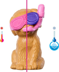 Set de joacă Barbie Puppy Pool Party cu păpușă la modă, căsuță pentru câini și tobogan, piscină în formă de inimă, 2 figurine câini, 6 accesorii și schimbător de culoare, JBF35