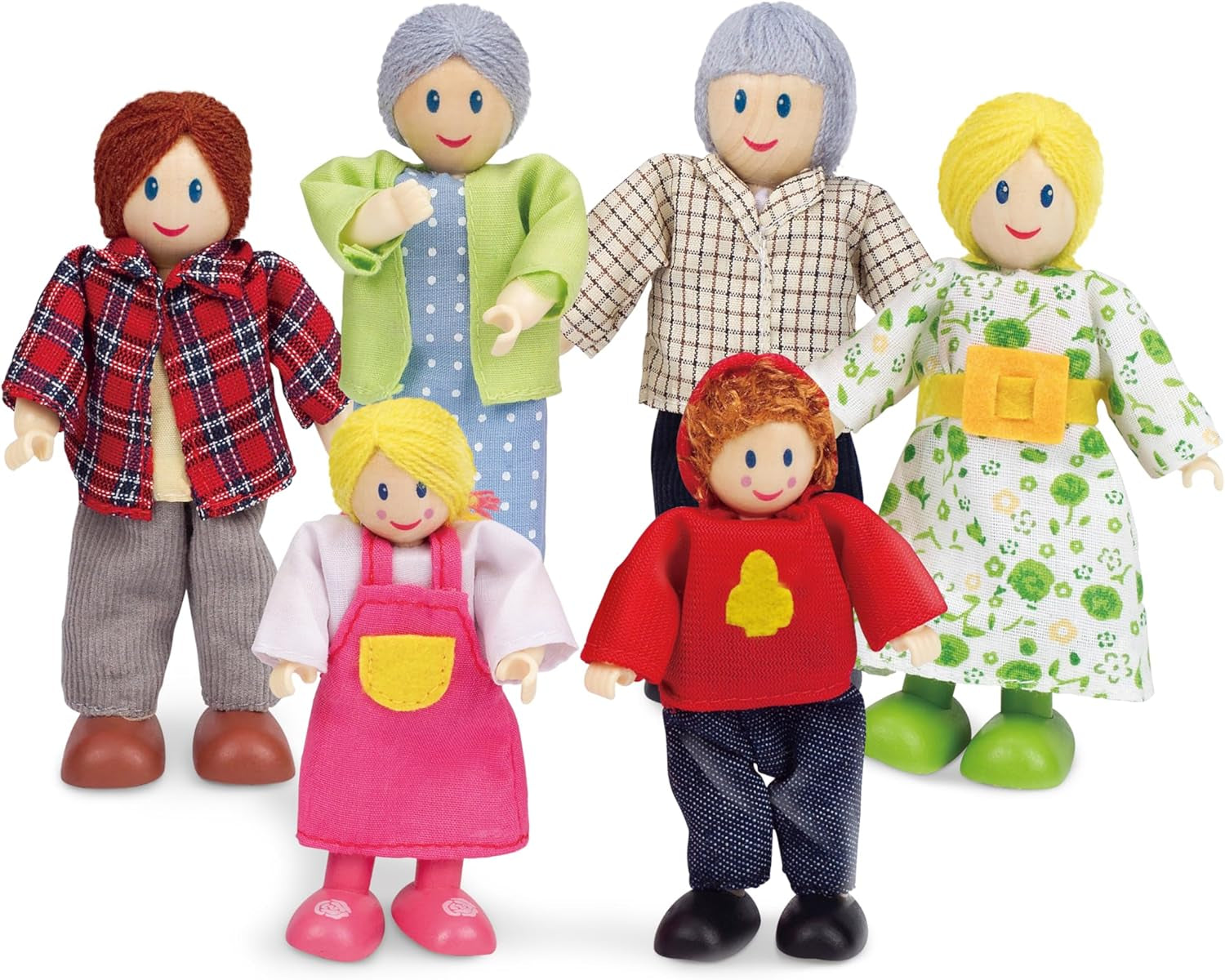 Set familial de păpuși Hape Doll Family premiat, accesorii unice pentru case de păpuși din lemn, joc imaginativ, 6 membri ai familiei de păpuși, pentru copii cu vârsta de 3 ani și peste