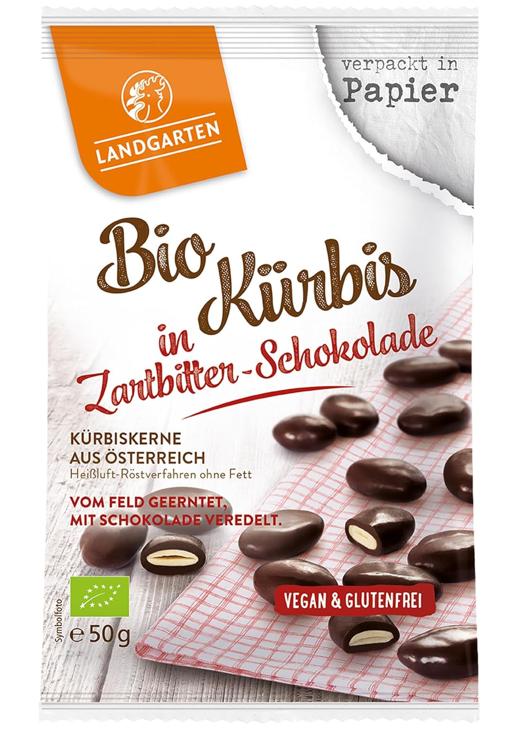 Landgarten Bio dýňová semínka v hořké čokoládě - Veganská čokoládová svačina z pečených dýňových semínek - zdroj hořčíku - 1 x 50 g