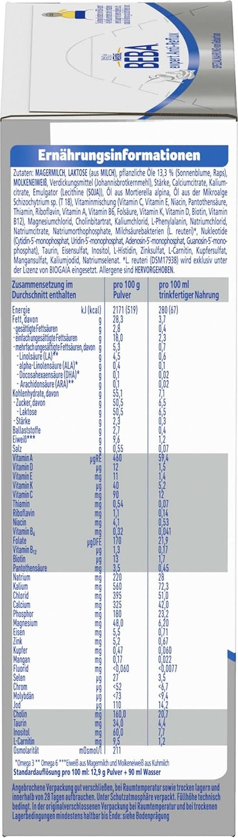 BEBA expert Anti-Reflux - AR Speciální složení od narození, pro zvýšené říhání a zvracení, kojenecká výživa, sušené kojenecké mléko, 1 balení (1 x 500 g)