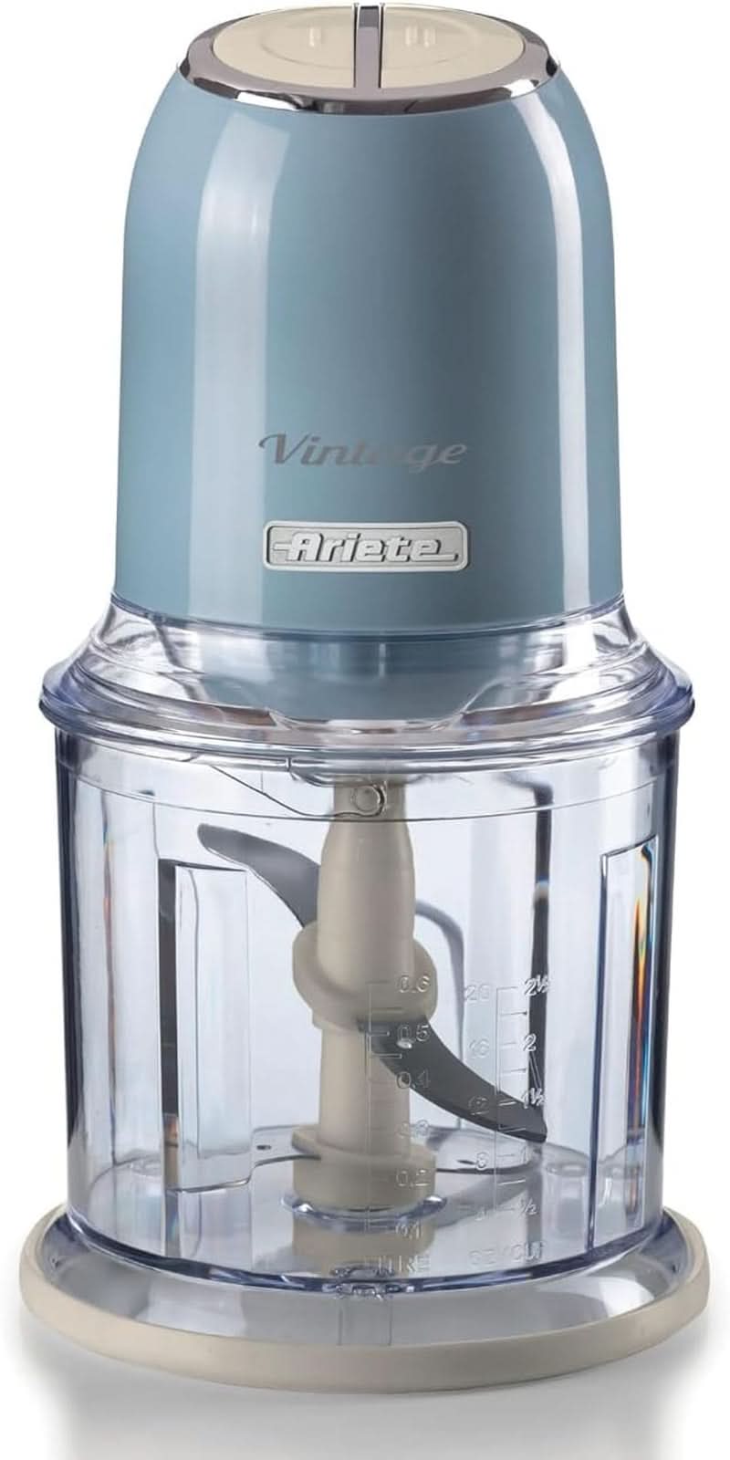 Ariete Vintage 438, Retro Elektrischer Gemüse- Und Ice-Crusher Mit 2 Geschwindigkeitsstufen, 4 Edelstahlklingen, Rutschfesten Standüßen, 600 Ml Fassungsvermögen, 400 W, Béžová matka a dítě Naty Shop Hellblau
