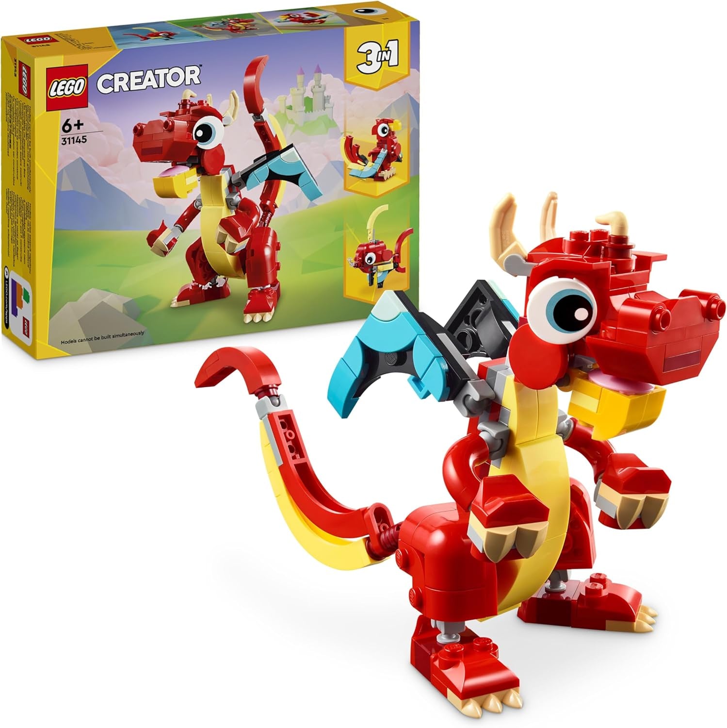 LEGO Creator 3v1 Hračka červeného draka pro rybí figurku k modelu ptáka Fénixe, sada zvířecích figurek, dárky pro chlapce, dívky a děti od 6 let 31145