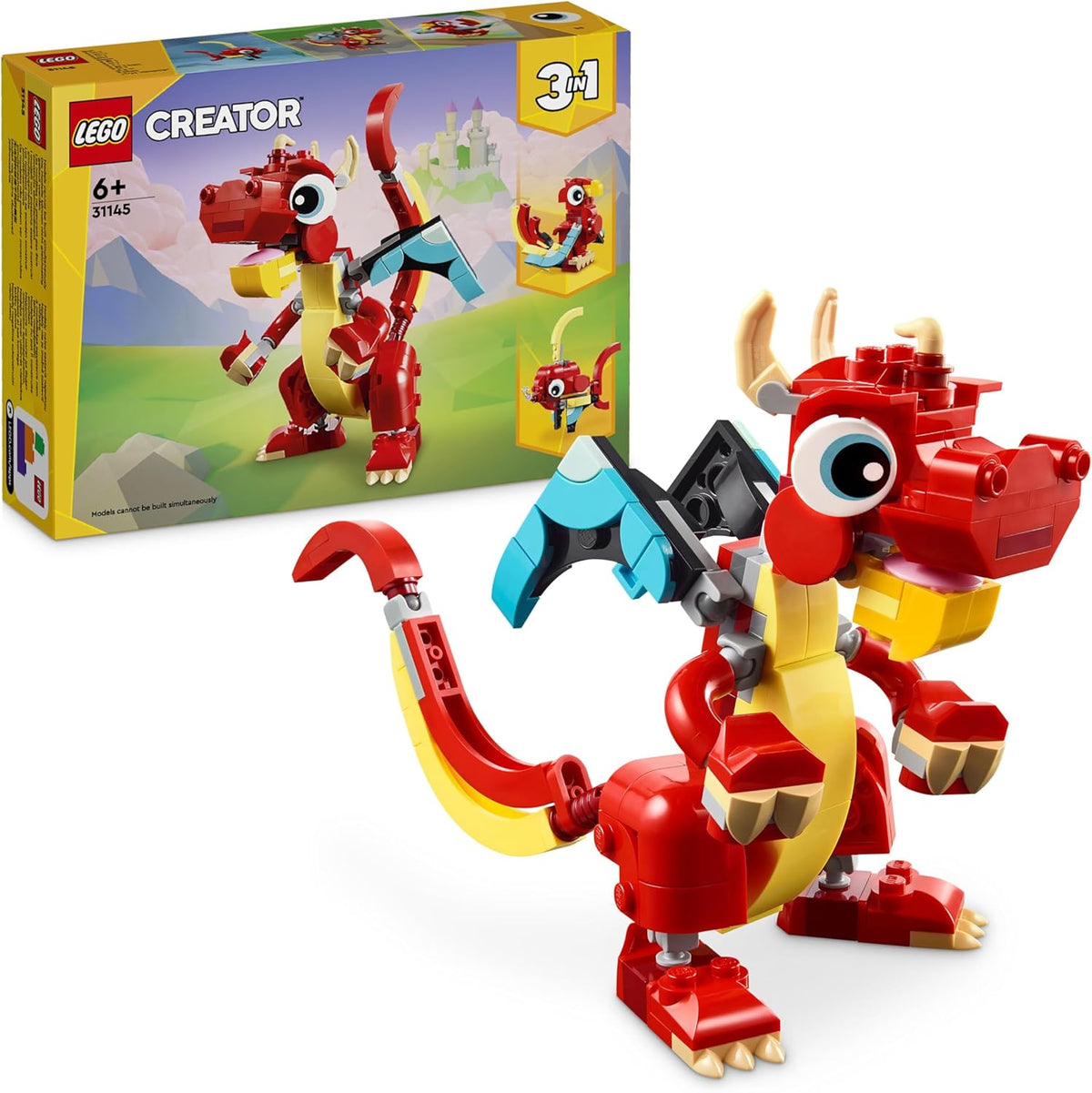 LEGO Creator 3v1 Hračka červeného draka pro rybí figurku k modelu ptáka Fénixe, sada zvířecích figurek, dárky pro chlapce, dívky a děti od 6 let 31145