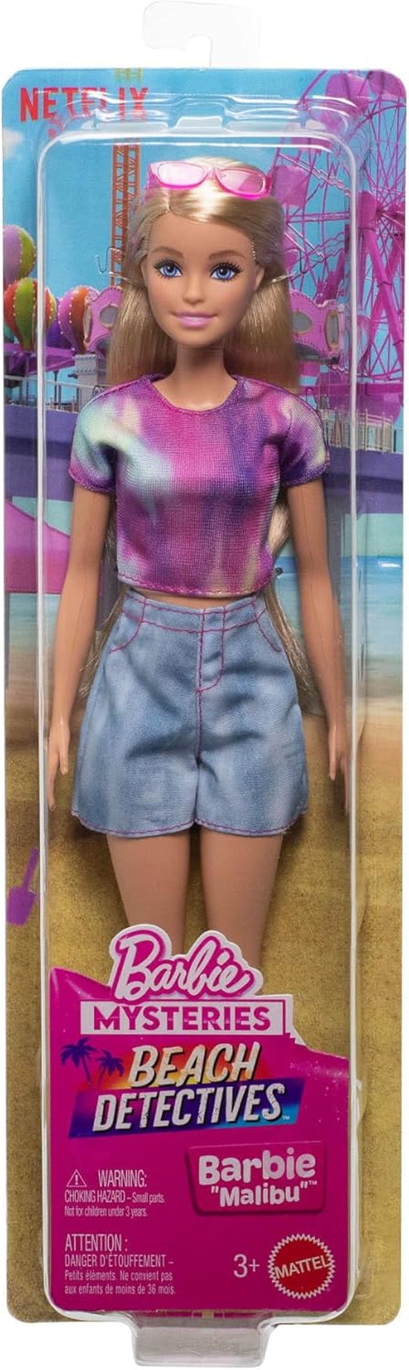Barbie Mysteries: Beach Detectives Barbie Malibu Modepuppe mit unverkennbarem Outfit zum An- und Ausziehen und Accessoires, inklusive Sonnenbrille, JFV63