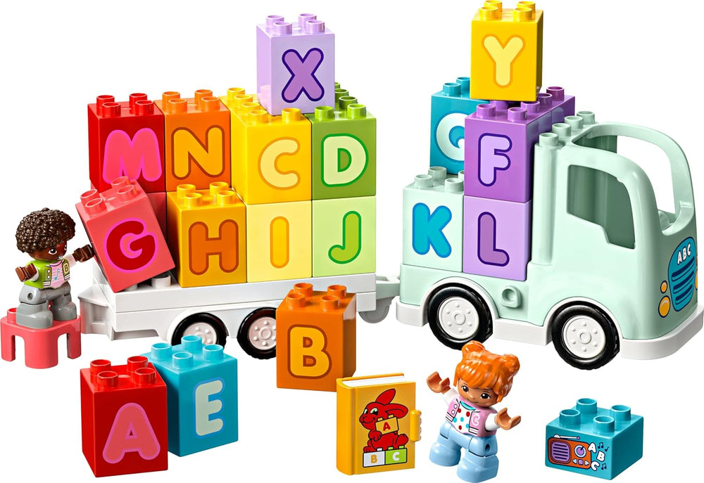 LEGO DUPLO Town ABC Truck, Lernspielzeug für Kleinkinder ab 2 Jahren, ABC-LKW-Spielzeug mit Anhänger und Buchstaben-Steinen, plus Figuren eines Jungen und eines Mädchen, Geschenk für Kinder 10421