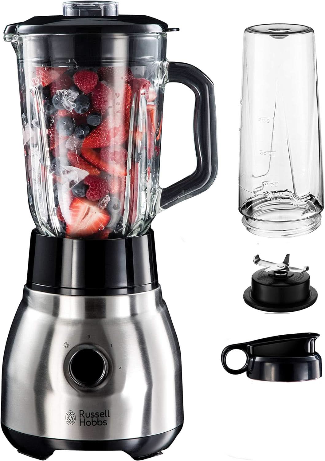 Russell Hobbs Standmixer 2-v-1 [1,5L Glasbehälter Mixer & 0,6L Mini Smoothie Maker -To-Go-Trinkflasche Inkl. Deckel] Spülmaschinenfest, Impuls-/Ice-Crush Funktion, Becher BPA Frei, Edelstahl 23821-56 Kitchen Naty Shop Standmixer 2-v-1
