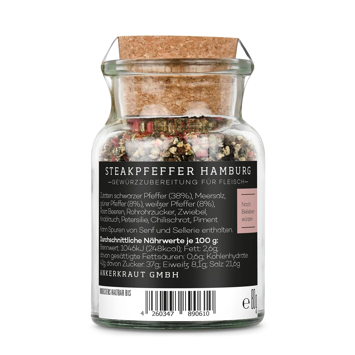 Ankerkraut Steakpfeffer Hamburg, Pfefferkörner Hausmischung, Grober Steakhouse-Pfeffer, frische Note, Universal Allrounder, Lecker Kochen mit Qualität, 80 g v Korkenglas