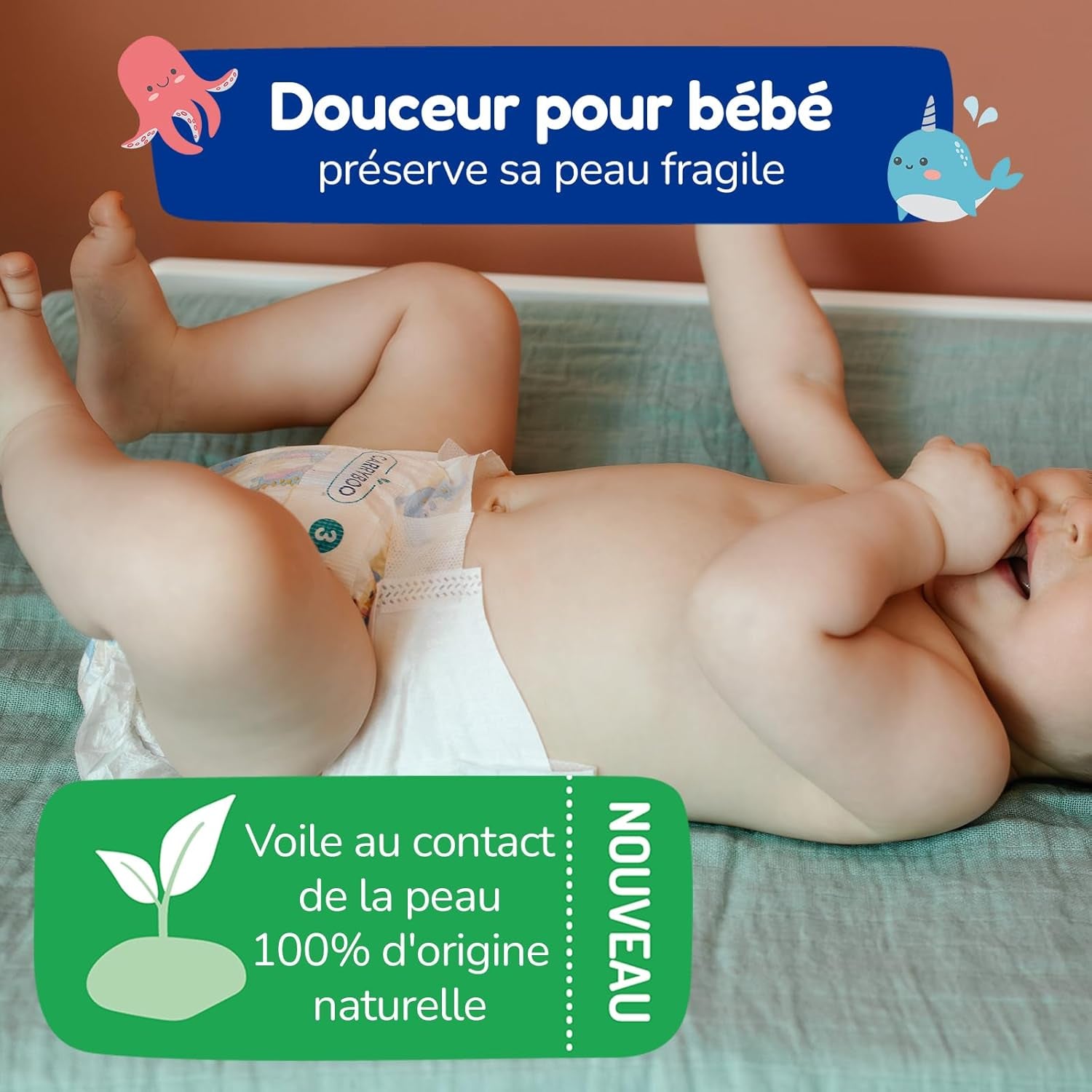 - Velikost plenky 4 (7 – 18 kg) – pro citlivou pokožku – přírodní a velmi savá – nepropustná 12 hodin – ohne unerwünschte Inhaltsstoffe – vyrobeno ve Francii – 132 plen