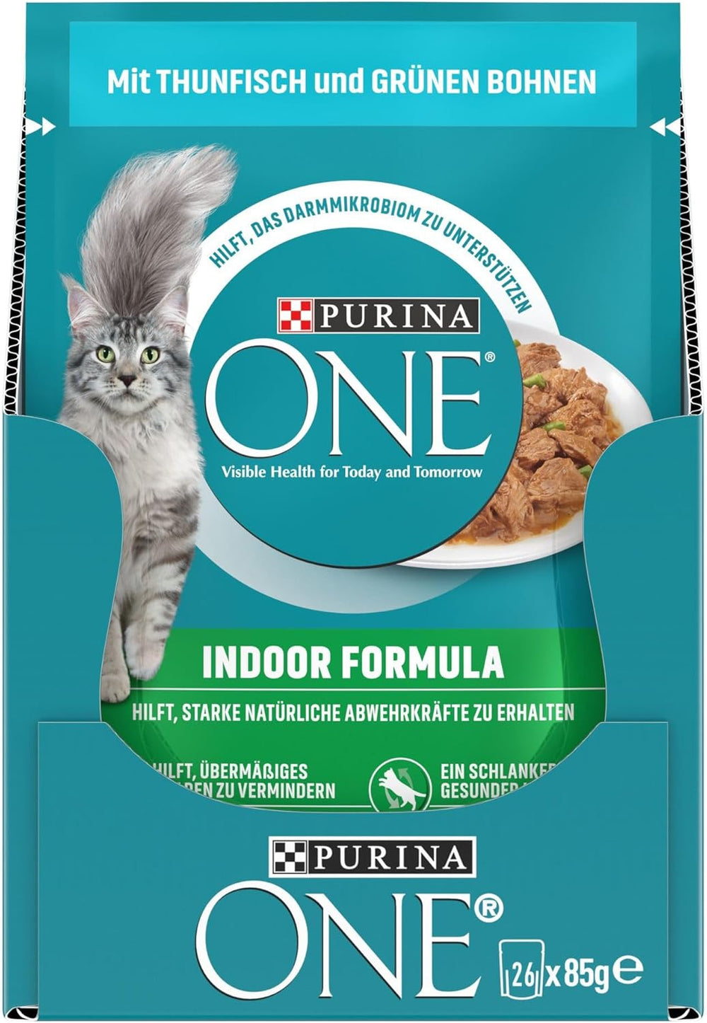 Hrană umedă pentru pisici PURINA ONE Indoor Formula, bucăți fragede în sos pentru pisici de casă, cu ton, pachet de 26 (26 x 85g)