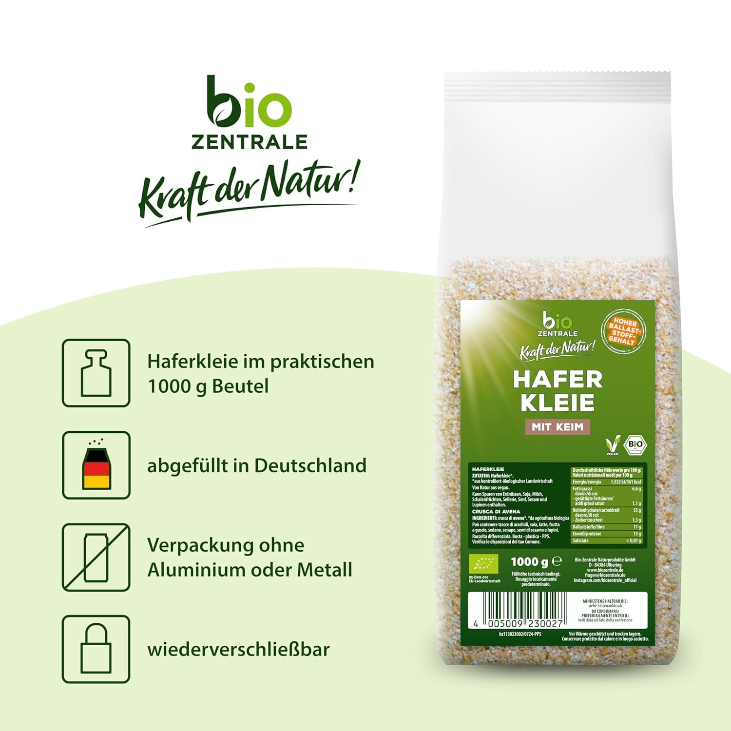 Biocentral bio ovesné otruby 1 kg | Výhodný balíček | Zdroj bílkovin s vysokým obsahem vlákniny | Přirozeně vegan | Ze zemědělství EU | Nízký obsah cukru