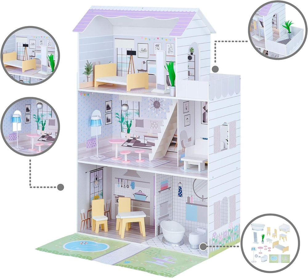 Teamson Kids Olivias Little World Giant Doll House cu 16 accesorii pentru păpuși, casă de păpuși din lemn cu mobilier, cu 3 etaje, casă de păpuși pentru copii pentru păpuși de 12 inci/30 cm, vârsta 3 ani+ Casute de papusi Naty Shop
