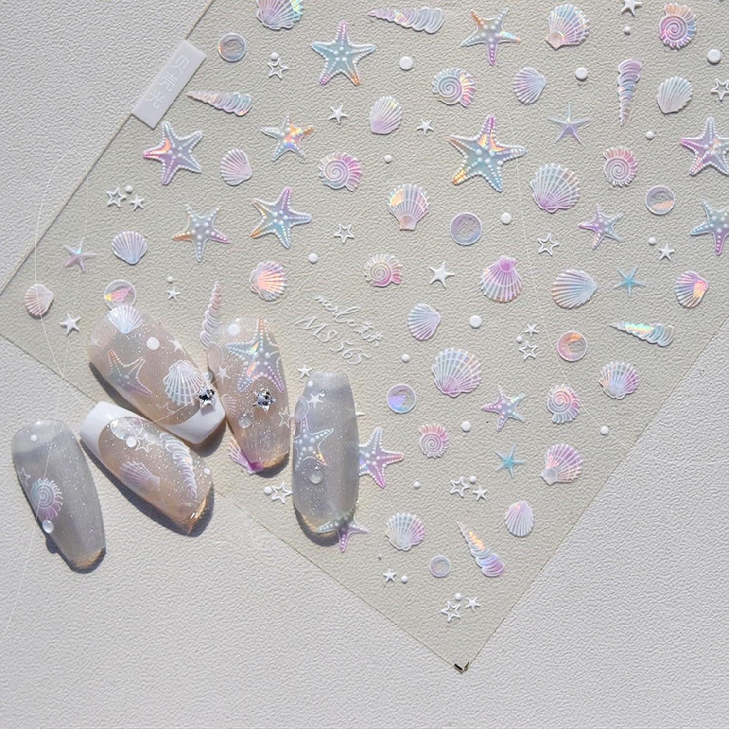 JMEOWIO 3D Nagelsticker Aurora Muschel Seestern Nail Art Sticker Selbstklebend Nagelaufkleber 5D Stereoskopisch Ozean Thema Dekoration Nageldesign Zubehör 1 Blatt