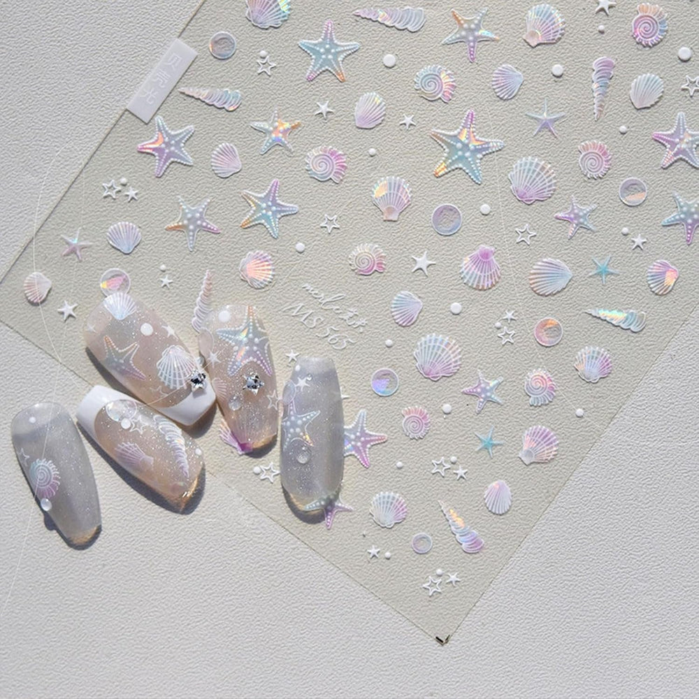 JMEOWIO 3D Nagelsticker Aurora Muschel Seestern Nail Art Sticker Selbstklebend Nagelaufkleber 5D Stereoskopisch Ozean Thema Dekoration Nageldesign Zubehör 1 Blatt