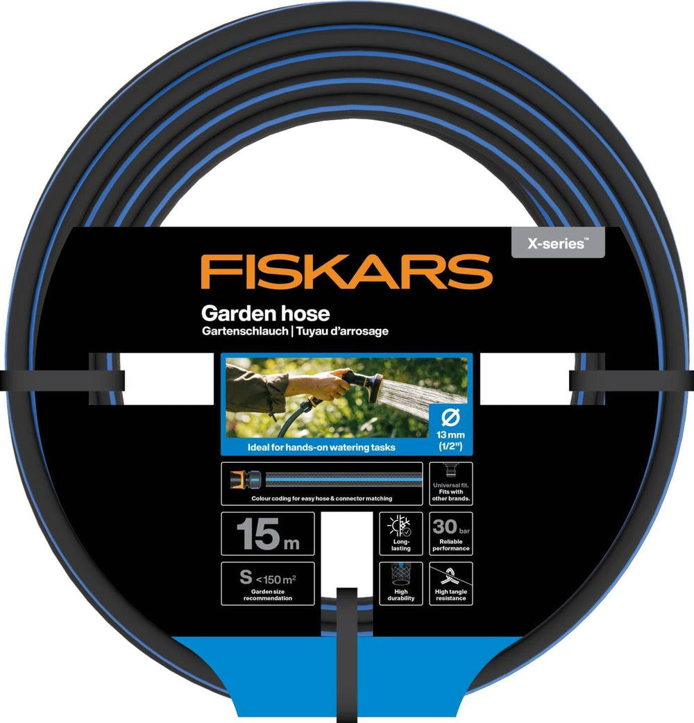 Furtun de grădină Fiskars S, seria X, furtun de apă pentru udare manuală, 13 mm (1/2"), lungime: 15 m, racord universal, protecție UV, protecție la îngheț, rezistent la răsucire, albastru, 1076044
