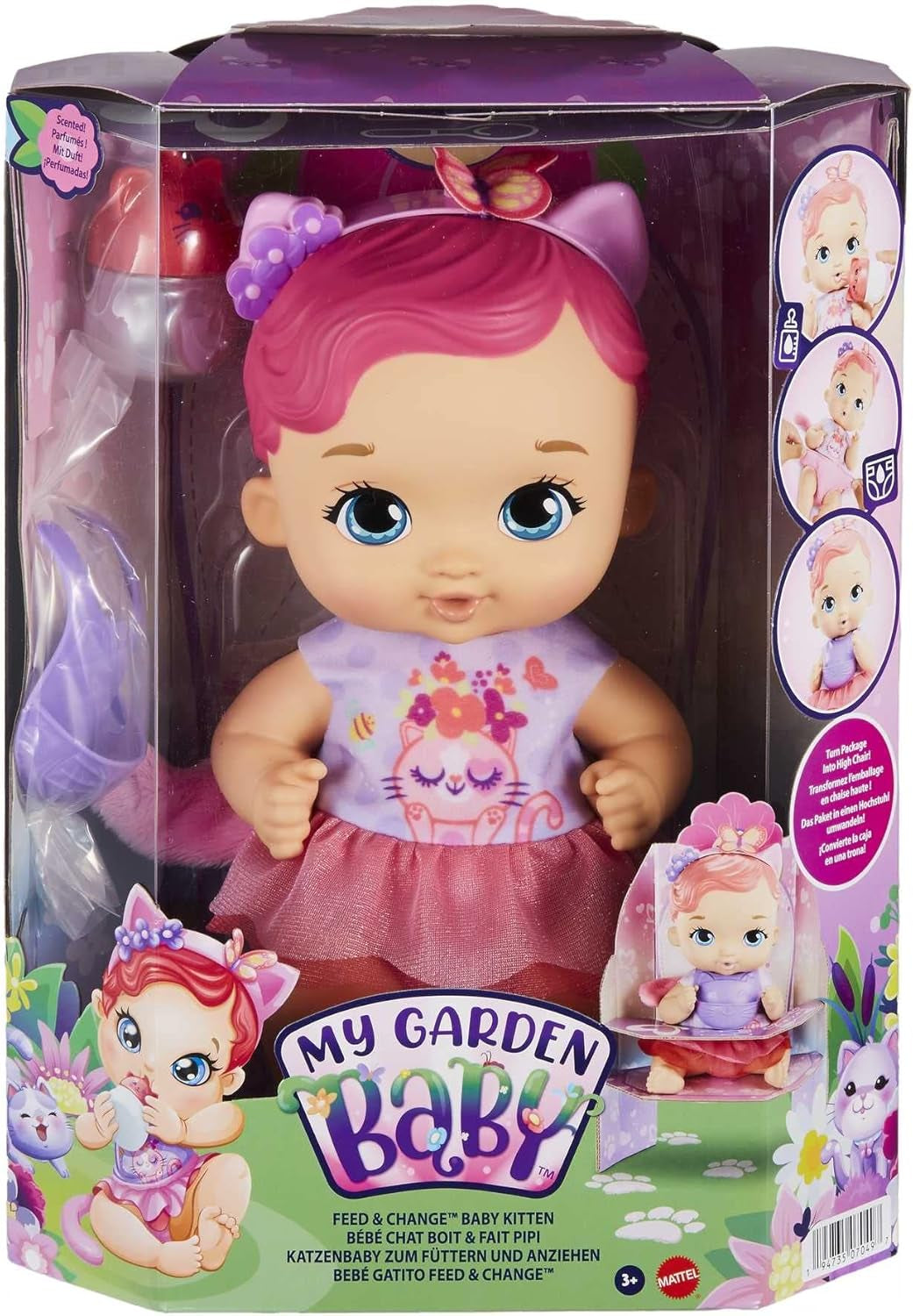 My Garden Baby HHL21 - Katzen-Baby Puppe (růžová Haare) s Katzenohren a süßem Jasmin-Duft, včetně Lätzchen, Fläschchen und Stoffwindel, Spielzeug für Kinder - ab 3 Jahren