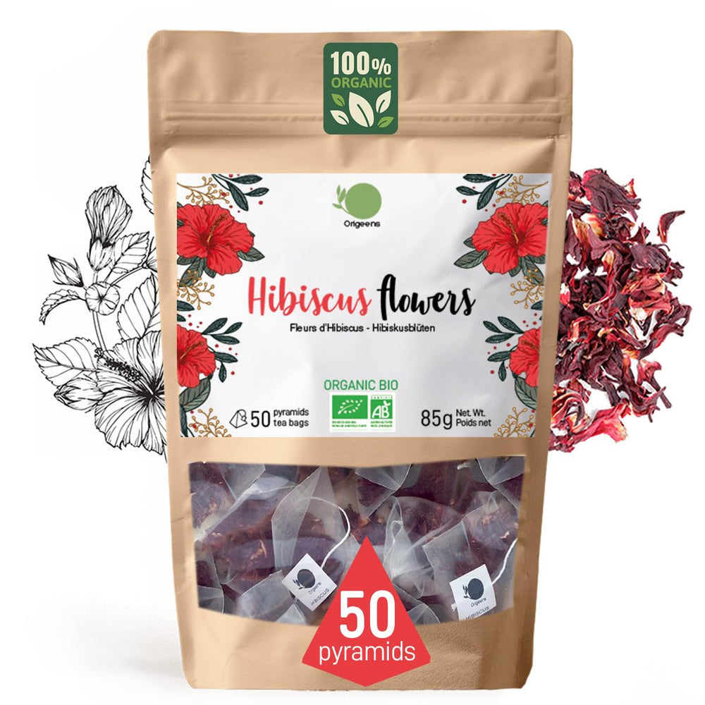 ORIGEENS CEAI DE HIBISCUS BIO Calitate premium - 50 pliculețe | Flori de hibiscus uscate bio pentru ceai, ceai de fructe, ceai rece, ceai karkade | Ceai de hibiscus pentru cură de detoxifiere și drenaj