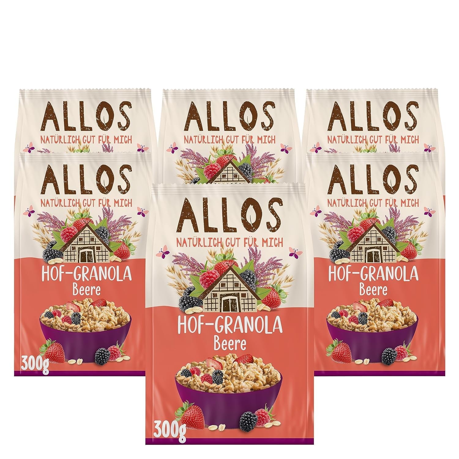 Allos Hof Granola s ovocem | Bio müsli | Müsli s ovocem | Křupavé müsli | Cereálie k snídani | Balení po 6 (6 x 300 g), 1 kus (balení po 6)
