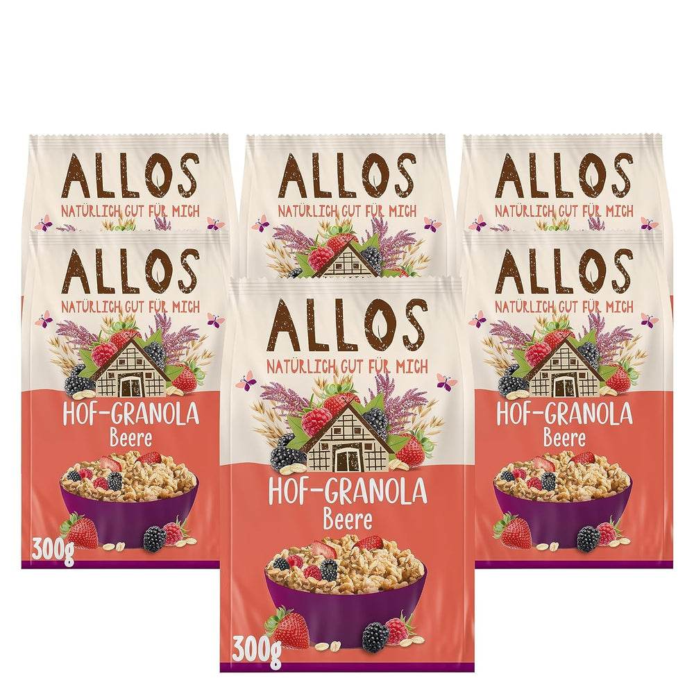 Allos Hof Granola s ovocem | Bio müsli | Müsli s ovocem | Křupavé müsli | Cereálie k snídani | Balení po 6 (6 x 300 g), 1 kus (balení po 6)