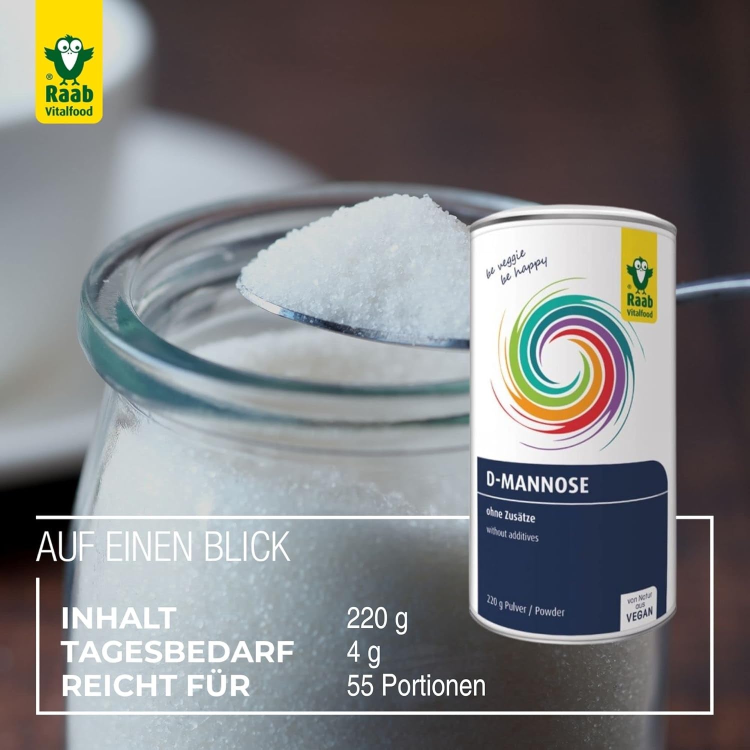 Raab Vitalfood® D-Mannose Powder (220 G) - Frei Von Zusätzen, Vegan, Glutenfrei, Gut Löslich, Mit Meßlöffel in Der Dose, Vorratspackung, 100% D-Mannose (Gewonnen Aus Mais) Sladidla Naty Shop