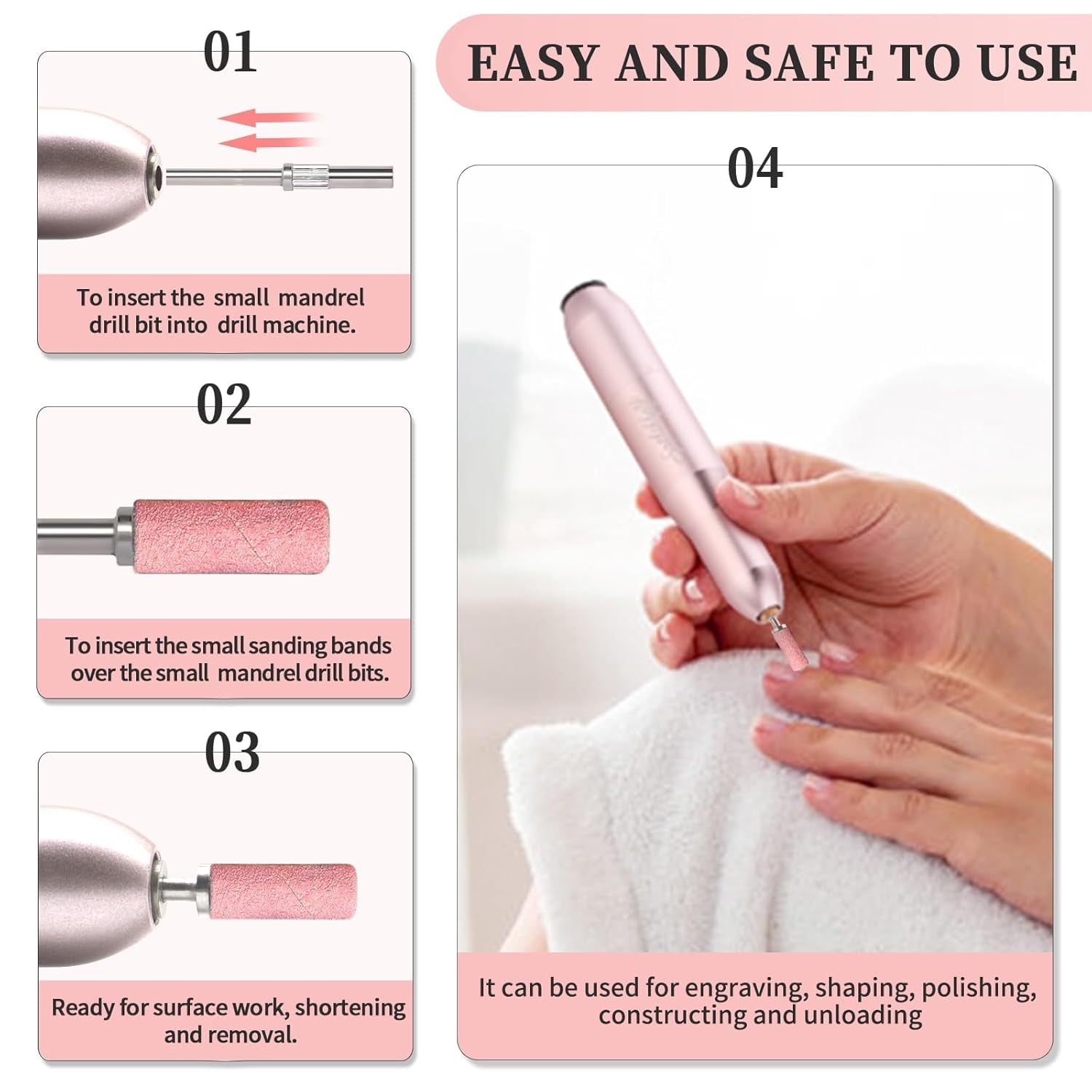 BLESWIN 100 bucăți benzi de șlefuit mici pentru burghie de unghii, granulație fină 240 cu 2 bucăți burghiu de 3 mm, mini benzi de șlefuit pentru lustruirea unghiilor naturale și curățarea cuticulelor pentru pregătire, roz