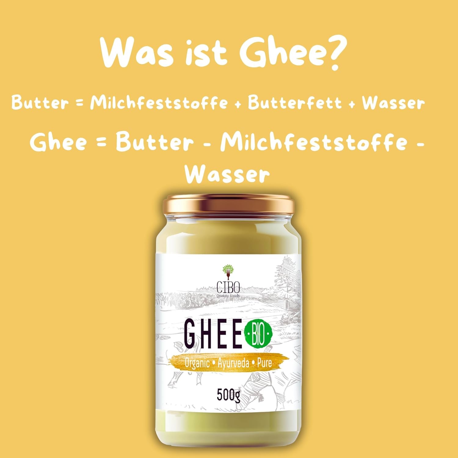 Cibo Bio Ghee 500g – Milch aus Parma und Reggio Emilia – Hergestellt in Italien – Weidekühe – Rauchpunkt 250°C – Aus Centrifugensahne