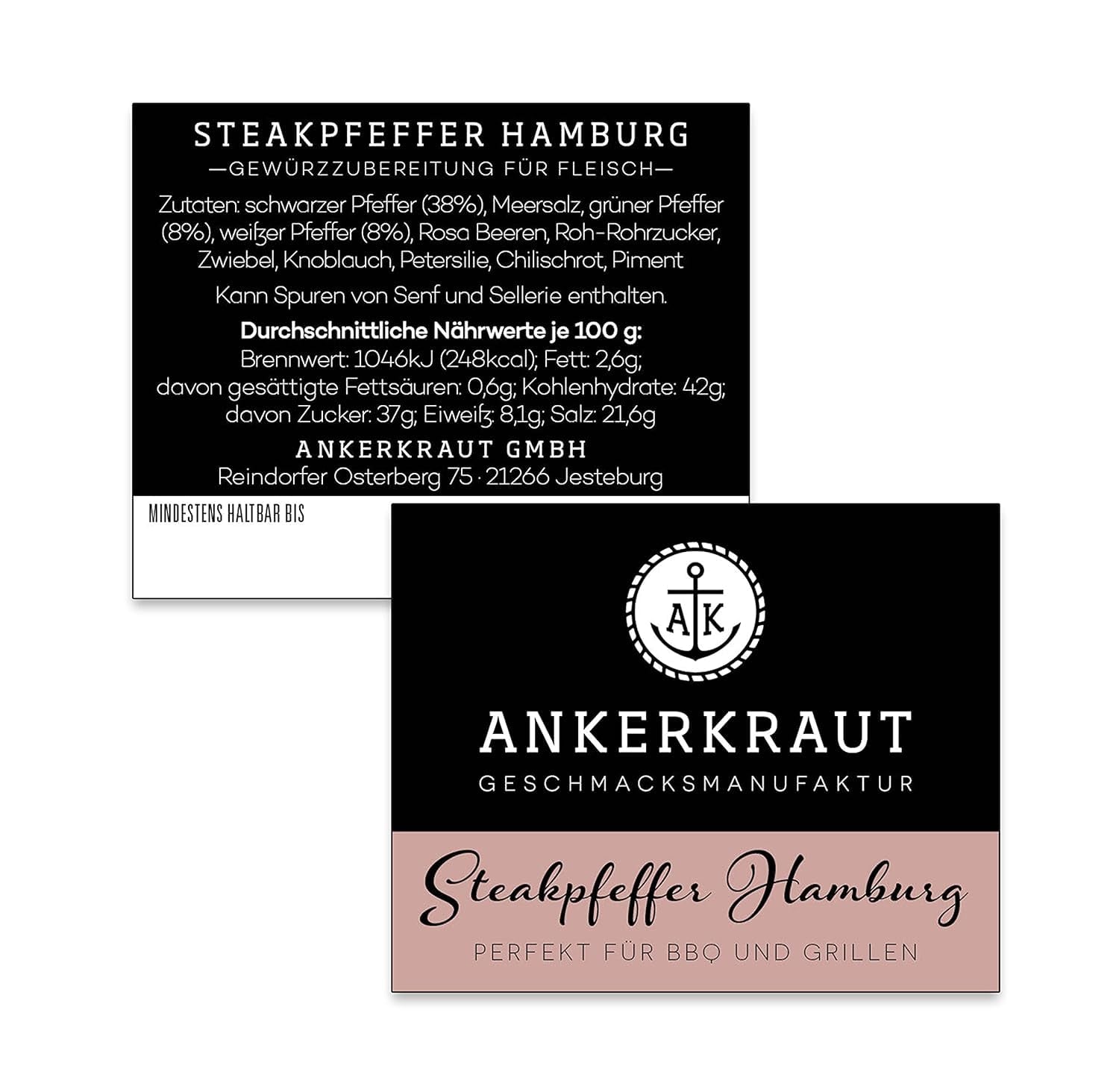 Ankerkraut Steakpfeffer Hamburg, Pfefferkörner Hausmischung, Grober Steakhouse-Pfeffer, frische Note, Universal Allrounder, Lecker Kochen mit Qualität, 80 g v Korkenglas
