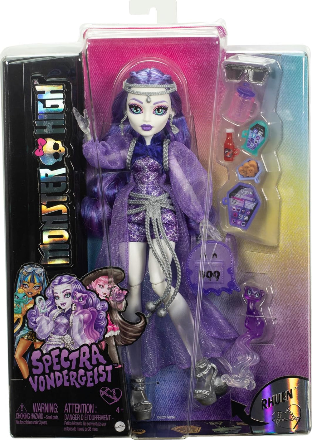 Păpușa Monster High Spectra Vondergeist cu dihorul Rhuen și accesorii precum rucsac, tabletă, gustări și multe altele, HXH77