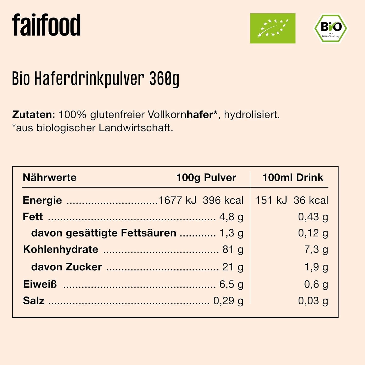 fairfood Bio Haferdrink Pulver 360g - nachhaltige Milchalternative - vegan, glutenfrei und ohne Öl - bis zu 4L Haferdrink - zum Selbermischen - 100% Bio-Vollkornhafer