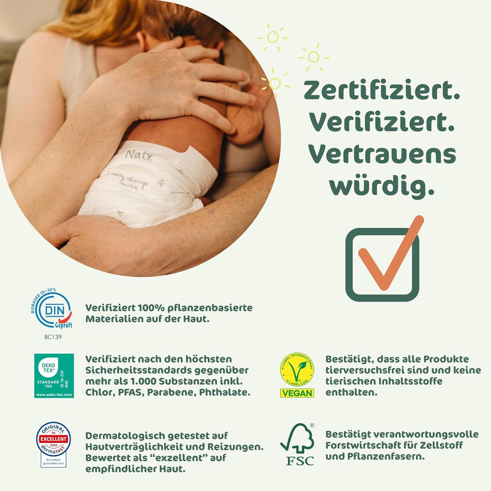 Dětské plenky Naty BioEmbrace, velikost 3 (4–9 kg) | 100% rostlinné materiály, šetrné k pokožce | Prodyšná měkkost, dermatologicky testováno, výborná vstřebatelnost | 100 ks.
