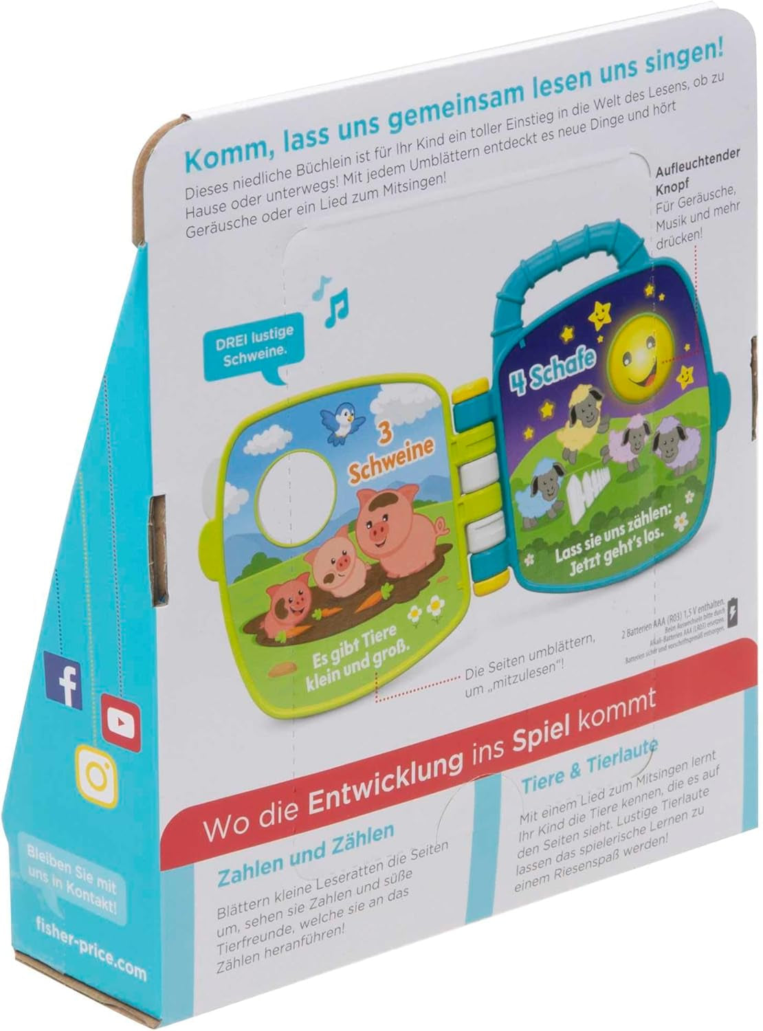 Fisher-Price Musical Animal Friends Songbook | Jucărie pentru copii de la 6 luni, 1 an pentru fete și băieți | Jucărie pentru copii | Carte muzicală cu sunete și efecte luminoase | Jucărie educativă (germană), GFP29 Jucarii Bebe Naty Shop